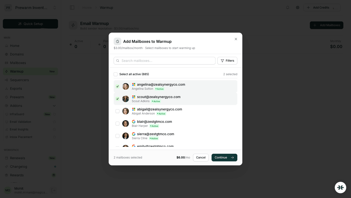 InboxKit Prewarm Inventory view